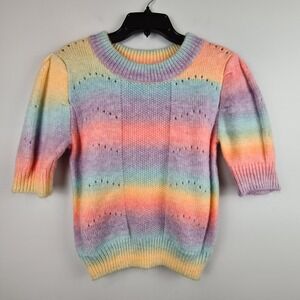 English Factory Pastel Rainbow Sweater Shirt XS Short Sleeve Crewneck Cozy Knit
